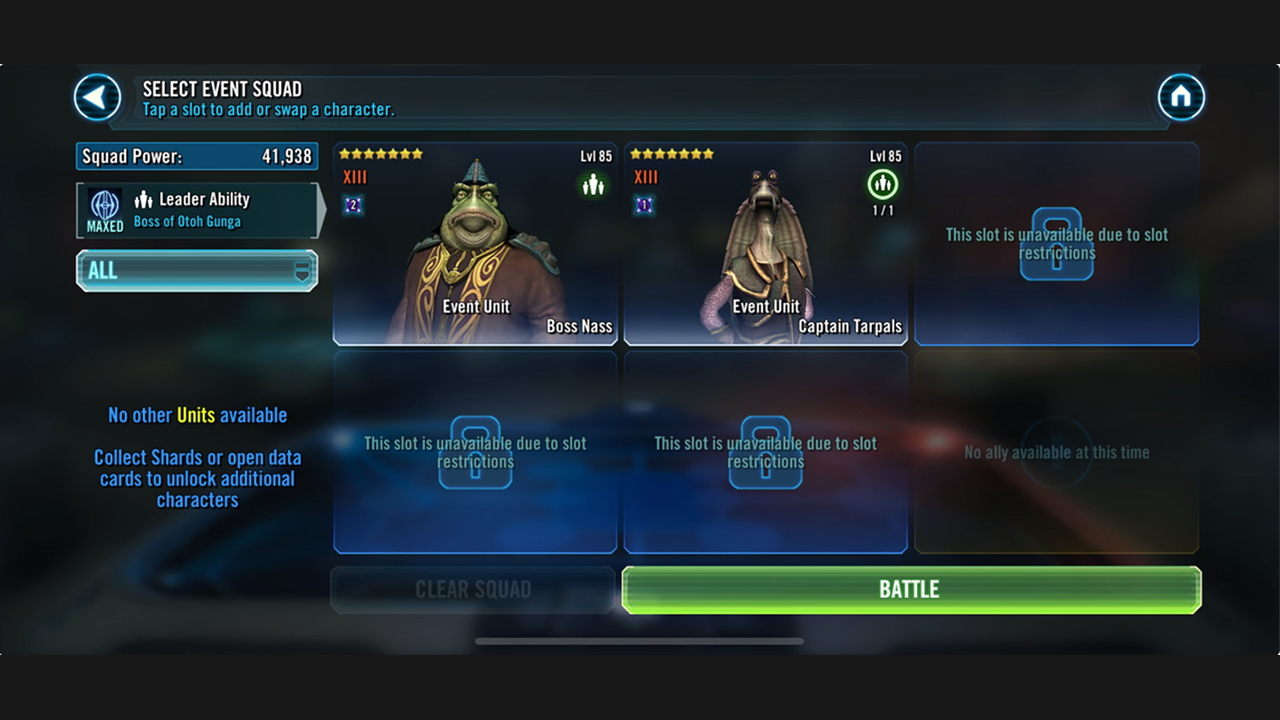 Select Event Squad screen