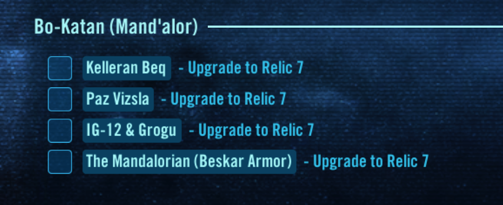 Requirements list — enlarged view