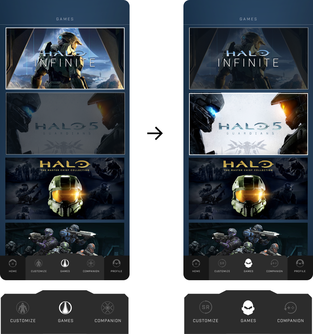 Halo Waypoint — Games tab before and after
