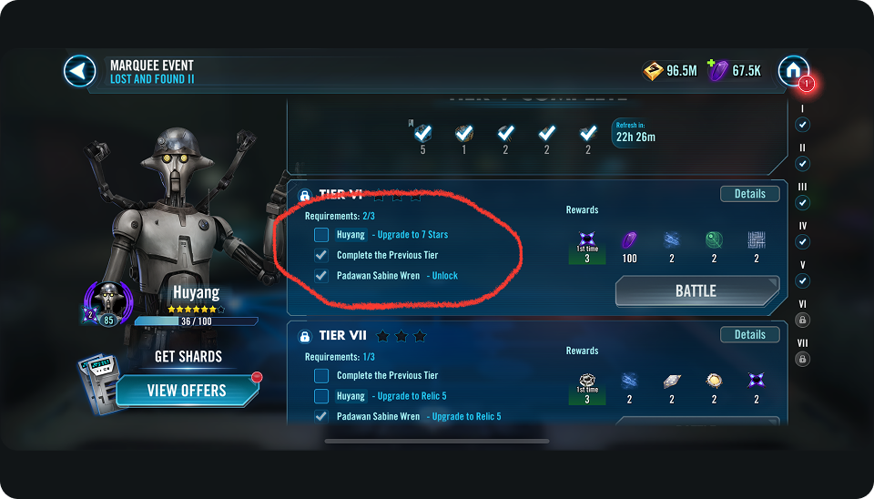 Tier states before redesign — low contrast, unclear status