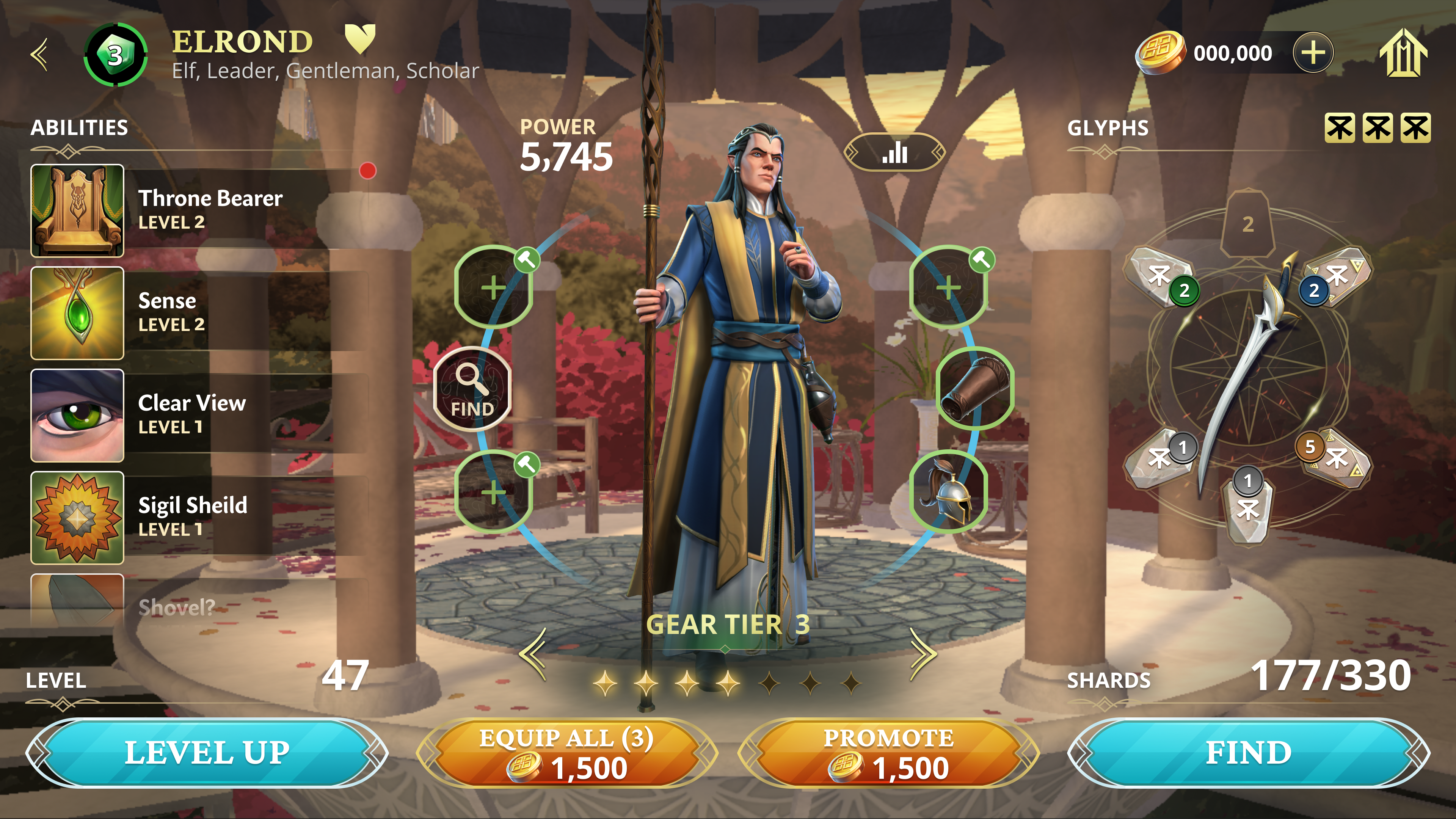 Elrond hero screen — Glyphs equipped