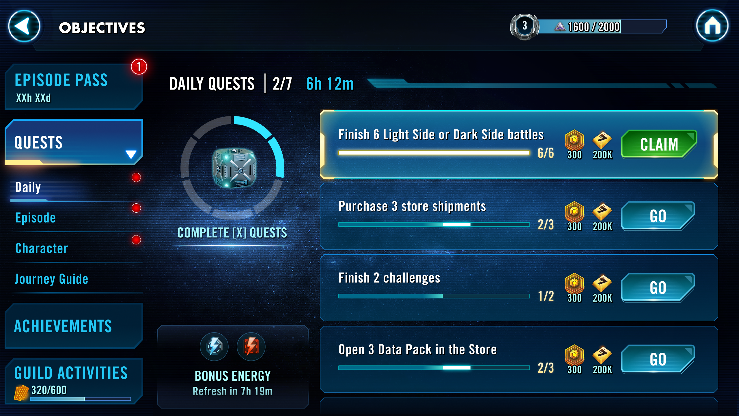 Daily Quests screen