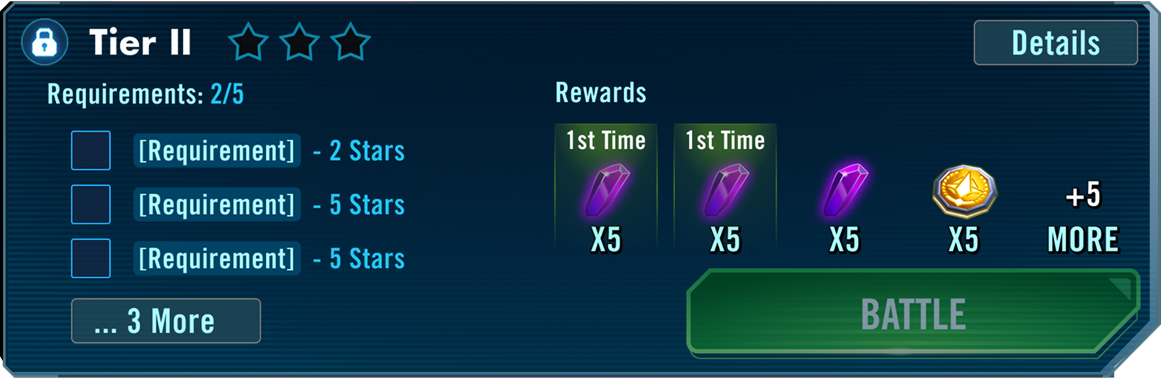 Tier II requirements card — rewards and battle button
