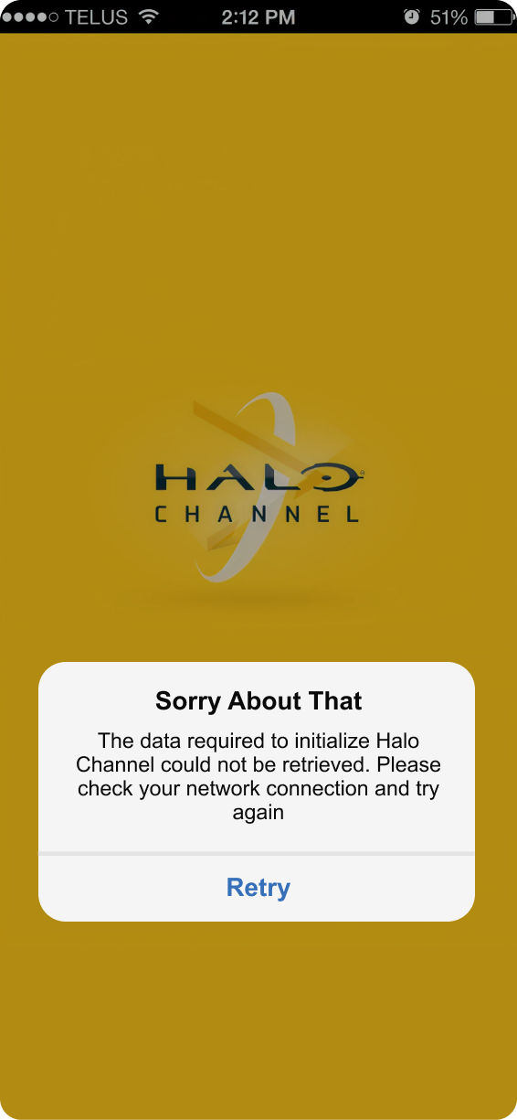 Halo Channel error — data required to initialize could not be retrieved