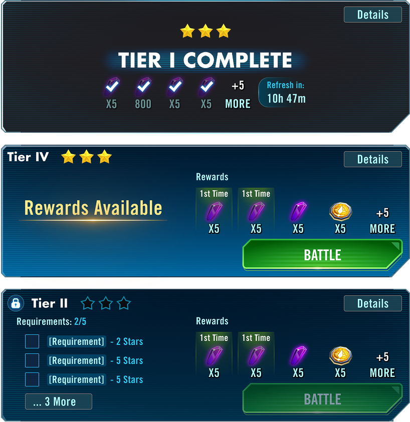 Tier state icons — locked, active, and completed states