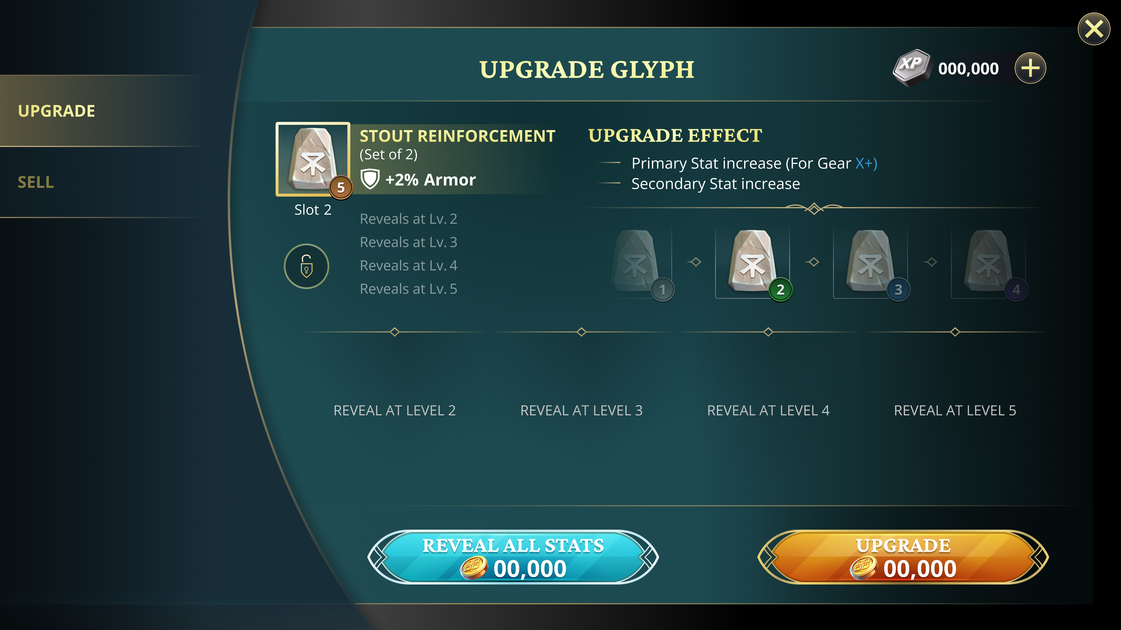 Upgrade Glyph screen — stat reveal